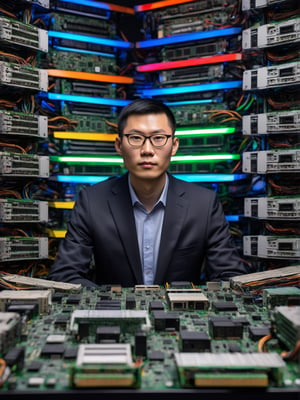 photo r3al, photorealistic, masterpiece, hyperdetailed photography of a geek chinese male behind a pile of motherboards, best quality, 8k UHD, 8k, ultra quality, ultra detailed, closed mouth, smirking, warm lighting, daylight, soft lighting, (closeup), looking_at_viewer, glasses, blazer, holographic background, server room