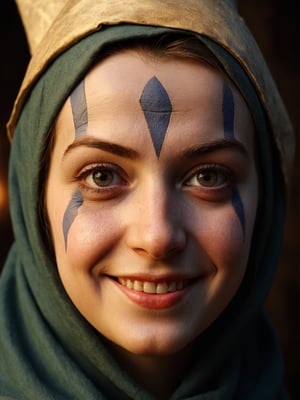 photo r3al, hyperrealistic photography of medieval jester girl as you imagine, front view, closeup, warm lighting, masterpiece, best quality, looking forward, real woman, living person, portrait, happy, funny face
