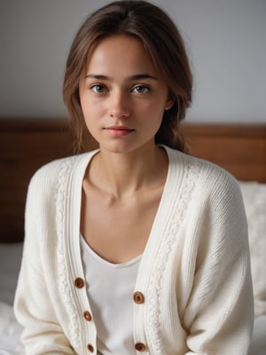 best quality, ultra detailed, 8k, solo female, (slavic-african), wearing white based cardigan with ethnic and traditional theme, sitting on bed, bedroom, (tanned skin), upper body, standing, closeup, modest, plain, simple beauty, closed mouth, moody light, shy smile, detailed face, detailed eyes, chubby