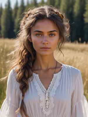 best quality, ultra detailed, 8k, solo female, mixed slavic-gypsy, messy hair, outdoors, sunshine, tanned skin, upper body, standing, closeup, proud, white based outfit with slavic and gypsy touch, beautiful, modest, plain, closed mouth