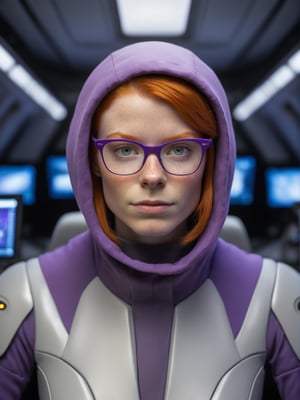 photo r3al, photorealistic, masterpiece, hyperdetailed photography of a beautiful cute ginger nerdy woman, best quality, 8k UHD, 8k, ultra quality, ultra detailed, closed mouth, smirking, warm lighting, daylight, soft lighting, (closeup), looking_at_viewer, glasses, (gray suit), purple hood, (short hair), smooth face, monitors in background, spaceship interior, facing viewer, 