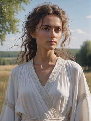 best quality, ultra detailed, 8k, solo female, slavic-gypsy, messy hair, outdoors, sunshine, tanned skin, upper body, standing, closeup, proud, white-based robe with slavic and gypsy elements, beautiful, modest, plain, closed mouth