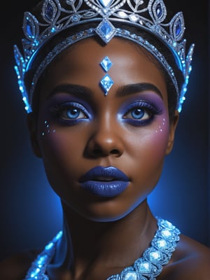 best quality, masterpiece, 8k, ultra detailed, ultra realistic, beautiful black woman with blacklight makeup, realistic eyes, skin details, cinematic, Movie Still, high resolution, hyperrealistic photography, photorealistic, diamond diadem, professional photography, 