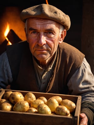 photo r3al, hyperrealistic photography of medieval farmer with box of potatoes, front view, closeup, warm lighting, masterpiece, best quality, looking forward, real person, living person, portrait, outdoors