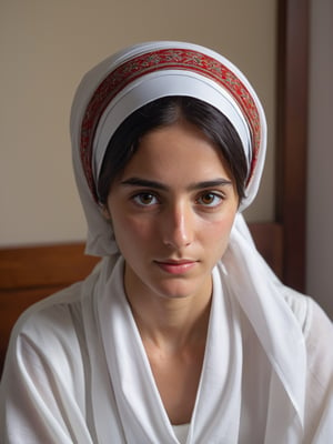 best quality, ultra detailed, 8k, solo female, (jewish), wearing traditional outfit with decorated headscarf, dark hair, sitting on bed, bedroom, (tanned skin), upper body, standing, closeup, simple white bedsheet with traditional theme, modest, plain, simple beauty, closed mouth, moody light, shy smile, detailed face, detailed eyes, 