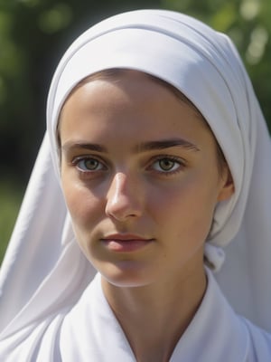 best quality, ultra detailed, 8k, solo female, (slavic-jewish), traditional headscarf, outdoors, sunshine, tanned skin, upper body, standing, closeup, simple white-based robe with traditional slavic and orthodox elements, modest, plain, simple beauty, closed mouth