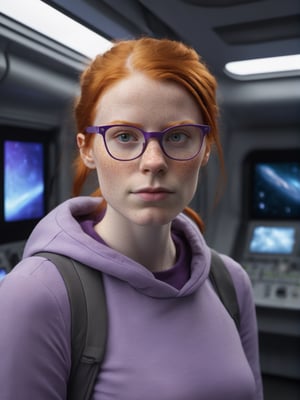 photo r3al, photorealistic, masterpiece, hyperdetailed photography of a beautiful cute ginger nerdy woman, best quality, 8k UHD, 8k, ultra quality, ultra detailed, closed mouth, smirking, warm lighting, daylight, soft lighting, (closeup), looking_at_viewer, glasses, gray blouse, purple hood, buns, smooth face, monitors in background, spaceship interior, facing viewer, 