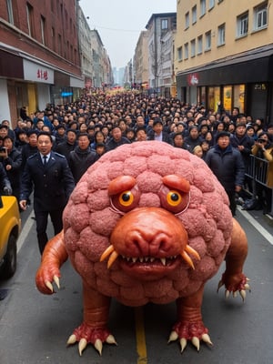 photo r3al, generate a parade of huge walking meatball creature made of raw meat on the street as you imagine, warm lighting, masterpiece, best quality,
