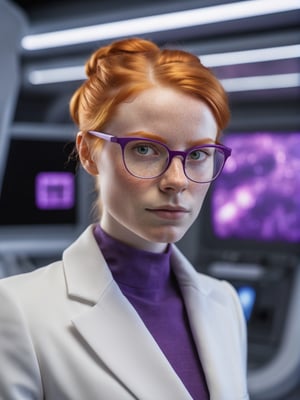 photo r3al, photorealistic, masterpiece, hyperdetailed photography of a beautiful cute ginger nerdy woman, best quality, 8k UHD, 8k, ultra quality, ultra detailed, closed mouth, smirking, warm lighting, daylight, soft lighting, (closeup), looking_at_viewer, glasses, (white based suit with purple details), bun, smooth face, monitors in background, spaceship interior, facing viewer,