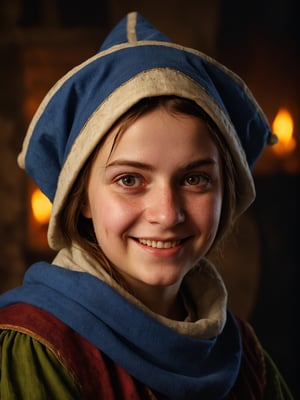 photo r3al, hyperrealistic photography of medieval jester girl as you imagine, front view, closeup, warm lighting, masterpiece, best quality, looking forward, real woman, living person, portrait, happy, funny face