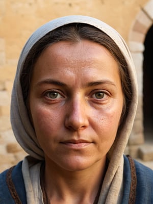 photo r3al, hyperrealistic photography of medieval villager woman as you imagine, front view, closeup, warm lighting, neutral face, masterpiece, best quality, looking forward, real woman, living person, portrait, calm