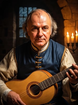 photo r3al, hyperrealistic photography of medieval bard as you imagine, front view, closeup, warm lighting, masterpiece, best quality, looking forward, real person, living person, portrait,
