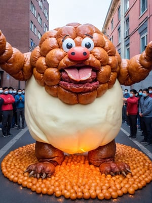 photo r3al, generate a parade of huge walking meatball creature made of cooked meat on the street as you imagine, warm lighting, masterpiece, best quality,