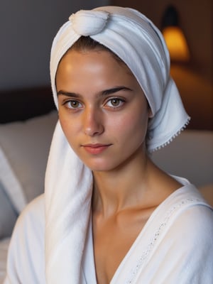 best quality, ultra detailed, 8k, solo female, (slavic-arabic), wearing white towel and ethnic themed headscarf, sitting on bed, bedroom, (tanned skin), upper body, standing, closeup, modest, plain, simple beauty, closed mouth, moody light, shy smile, detailed face, detailed eyes, chubby