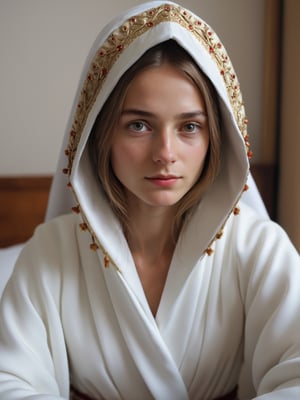 best quality, ultra detailed, 8k, solo female, (russian-jewish), wearing traditional outfit with decorated hood, dark blonde, sitting on bed, bedroom, tanned skin, upper body, standing, closeup, simple white robe with traditional slavic and orthodox theme, modest, plain, simple beauty, closed mouth, moody light, shy smile