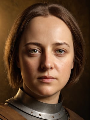 photo r3al, hyperrealistic photography of Joan of Arc as you imagine, front view, closeup, warm lighting, neutral face, masterpiece, best quality, looking forward, real woman, living person, portrait, calm