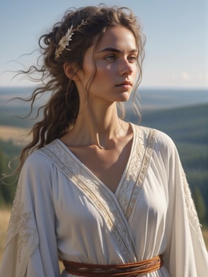 best quality, ultra detailed, 8k, solo female, slavic-gypsy, messy hair, outdoors, sunshine, tanned skin, upper body, standing, closeup, proud, white-based robe with slavic and gypsy fractal elements, beautiful, modest, plain, closed mouth