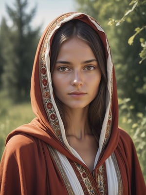 best quality, ultra detailed, 8k, solo female, (russian-gypsy), traditional hood, outdoors, sunshine, tanned skin, upper body, standing, closeup, simple robe with traditional russian and gypsy elements, modest, plain, simple beauty, closed mouth