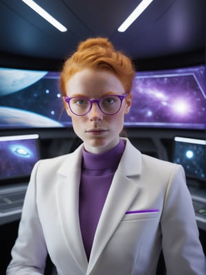 photo r3al, photorealistic, masterpiece, hyperdetailed photography of a beautiful cute ginger nerdy woman, best quality, 8k UHD, 8k, ultra quality, ultra detailed, closed mouth, smirking, warm lighting, daylight, soft lighting, (closeup), looking_at_viewer, glasses, (white based suit with purple details), bun, smooth face, monitors in background, spaceship interior, facing viewer,