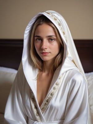 best quality, ultra detailed, 8k, solo female, (jewish), wearing traditional outfit with decorated hood, dark blonde, sitting on bed, bedroom, tanned skin, upper body, standing, closeup, simple white robe with traditional theme, modest, plain, simple beauty, closed mouth, moody light, shy smile