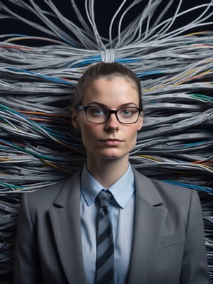 photo r3al, photorealistic, masterpiece, hyperdetailed photography of a beautiful geek female behind a pile of RJ45 cables, best quality, 8k UHD, 8k, ultra quality, ultra detailed, closed mouth, smirking, warm lighting, daylight, soft lighting, (closeup), looking_at_viewer, glasses, blazer, holographic background, bun