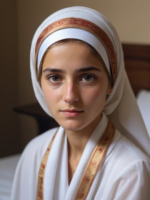 best quality, ultra detailed, 8k, solo female, (jewish), wearing traditional outfit with decorated headscarf, dark blonde, sitting on bed, bedroom, tanned skin, upper body, standing, closeup, simple white bedsheet with traditional theme, modest, plain, simple beauty, closed mouth, moody light, shy smile, detailed face, detailed eyes, 