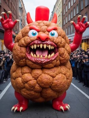 photo r3al, generate a parade of huge walking meatball monster made of meat on the street as you imagine, warm lighting, masterpiece, best quality,