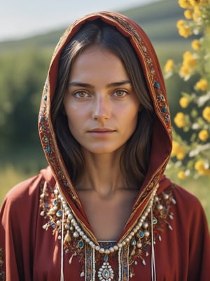 best quality, ultra detailed, 8k, solo female, (russian-gypsy), traditional hood, outdoors, sunshine, tanned skin, upper body, standing, closeup, simple robe with traditional russian and gypsy decorations, modest, plain, simple beauty, closed mouth