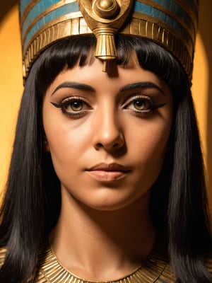 photo r3al, hyperrealistic photography of Cleopatra as you imagine, front view, closeup, warm lighting, neutral face, masterpiece, best quality, looking forward, real woman, living person, portrait, calm