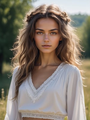 best quality, ultra detailed, 8k, solo female, mixed slavic-gypsy, messy hair, outdoors, sunshine, tanned skin, upper body, standing, closeup, proud, mixed style slavic-gypsy white based outfit, beautiful, modest, plain, 