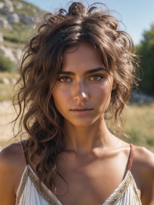 best quality, ultra detailed, 8k, solo female, gypsy, messy hair, outdoors, sunshine, tanned skin, upper body, standing, closeup, proud, traditional gypsy outfit, beautiful