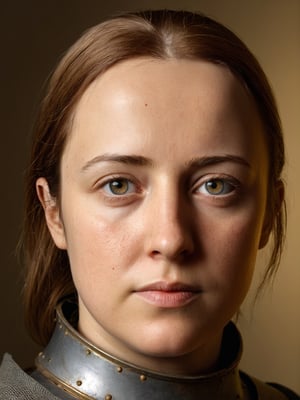 photo r3al, hyperrealistic photography of Joan of Arc as you imagine, front view, closeup, warm lighting, neutral face, masterpiece, best quality, looking forward, real woman, living person, portrait, calm