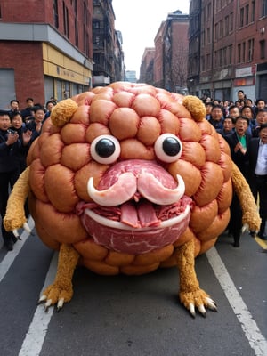 photo r3al, generate a parade of huge walking meatball critter made of raw meat on the street as you imagine, warm lighting, masterpiece, best quality,