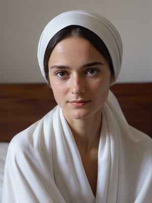 best quality, ultra detailed, 8k, solo female, (russian-jewish), wearing white bedsheet and traditional white-based headscarf, dark hair, sitting on bed, bedroom, (tanned skin), upper body, standing, closeup, modest, plain, simple beauty, closed mouth, moody light, shy smile, detailed face, detailed eyes, 