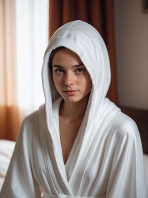 best quality, ultra detailed, 8k, solo female, (slavic-arabic), wearing ethnic themed white-based robe with hood, sitting on bed, bedroom, (tanned skin), upper body, standing, closeup, modest, plain, simple beauty, closed mouth, moody light, shy smile, detailed face, detailed eyes, chubby