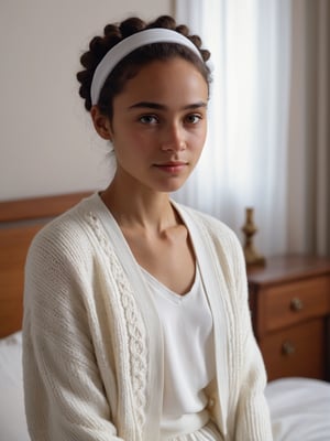best quality, ultra detailed, 8k, solo female, (slavic-african), wearing white based cardigan with ethnic and traditional theme, sitting on bed, bedroom, (tanned skin), upper body, standing, closeup, modest, plain, simple beauty, closed mouth, moody light, shy smile, detailed face, detailed eyes, hairband. 