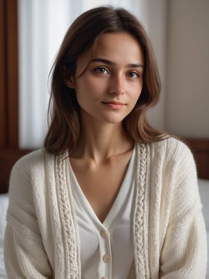 best quality, ultra detailed, 8k, solo female, (slavic-arabic), wearing white based cardigan with ethnic and traditional theme, sitting on bed, bedroom, (tanned skin), upper body, standing, closeup, modest, plain, simple beauty, closed mouth, moody light, shy smile, detailed face, detailed eyes, chubby
