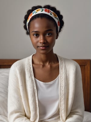 best quality, ultra detailed, 8k, solo female, (slavic-african), wearing white based cardigan with ethnic and traditional theme, sitting on bed, bedroom, (dark skin), upper body, standing, closeup, modest, plain, simple beauty, closed mouth, moody light, shy smile, detailed face, detailed eyes, floral hairband