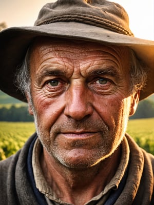 photo r3al, hyperrealistic photography of medieval farmer as you imagine, front view, closeup, warm lighting, masterpiece, best quality, looking forward, real person, living person, portrait, outdoors