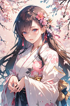 1girl, solo, long hair, looking at viewer, blush, bangs, blue eyes, brown hair, hair ornament, long sleeves, bow, closed mouth, upper body, flower, parted lips, japanese clothes, hair flower, kimono, grey eyes, book, eyelashes, wavy hair, floral print, tassel, pink flower, pink kimono