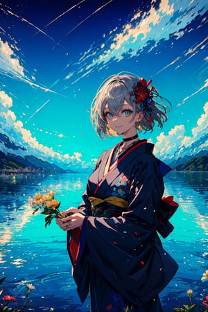 1girl, solo, breasts, looking at viewer, smile, short hair, bangs, blue eyes, GREY hair, hair ornament, cleavage, hair between eyes, jewelry, medium breasts, closed mouth, flower, outdoors, japanese clothes, sky, choker, day, cloud, hair flower, kimono, water, necklace, blue sky, bird, ring