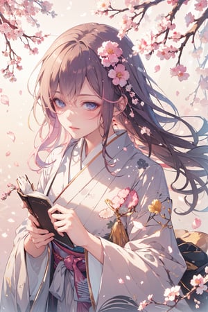 1girl, solo, long hair, looking at viewer, blush, bangs, blue eyes, brown hair, hair ornament, long sleeves, bow, closed mouth, upper body, flower, parted lips, japanese clothes, hair flower, kimono, grey eyes, book, eyelashes, wavy hair, floral print, tassel, pink flower, pink kimono