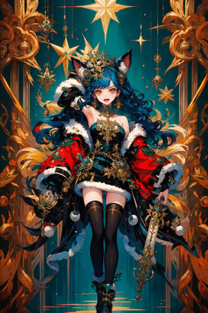 1girl, solo, long hair, breasts, looking at viewer, smile, open mouth, bangs, thighhighs, gloves, dress, holding, animal ears, bare shoulders, jewelry, medium breasts, blue hair, standing, yellow eyes, :d, earrings, boots, detached sleeves, black gloves, black thighhighs, wide sleeves, armpits, star \(symbol\), official alternate costume, fur trim, wavy hair, red dress, christmas, single earring, erune, fur-trimmed sleeves, underboob cutout, ferry \(granblue fantasy\),portrait,illustration