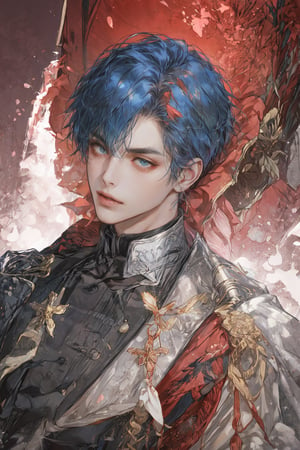 a anime character with blue hair and a black top with a cross on it's chest and a red background, Cosmo Alexander, official art, a character portrait, rococo.
ahoge, bangs, bare_shoulders, blue_hair, ear_piercing, earrings, eyebrows_visible_through_hair, jewelry, looking_at_viewer, male_focus, multicolored_hair, piercing, pink_hair, red_background, see-through, sleeveless, solo, star_earrings.