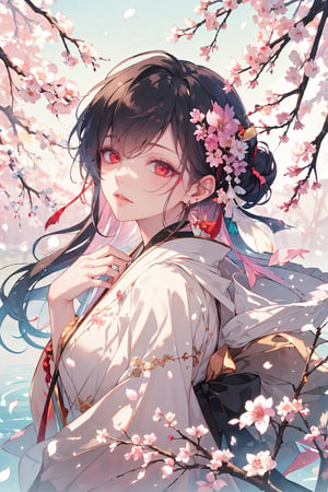 1girl, solo, long hair, looking at viewer, bangs, black hair, hair ornament, red eyes, jewelry, upper body, flower, sidelocks, earrings, parted lips, japanese clothes, pointy ears, hair flower, blunt bangs, kimono, hair bun, sash, petals, double bun, makeup, obi, tassel