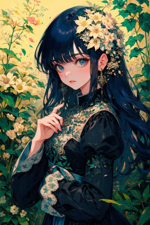 1girl, solo, long hair, blush, bangs, blue eyes, hair ornament, long sleeves, dress, holding, blue hair, upper body, flower, parted lips, hair flower, wide sleeves, black dress, from side, blue dress, leaf, plant, white flower, lace trim, holding flower