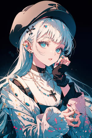 1girl, solo, long hair, looking at viewer, bangs, blue eyes, long sleeves, hat, jewelry, upper body, white hair, earrings, parted lips, choker, blunt bangs, necklace, nail polish, collar, sweater, fingernails, sleeves past wrists, black headwear, piercing, pink background, cross, ear piercing, black nails, hand on own face, skull, hand on own cheek, cross necklace, skull necklace