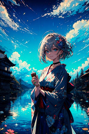 1girl, solo, breasts, looking at viewer, smile, short hair, bangs, blue eyes, GREY hair, hair ornament, cleavage, hair between eyes, jewelry, medium breasts, closed mouth, flower, outdoors, japanese clothes, sky, choker, day, cloud, hair flower, kimono, water, necklace, blue sky, bird, ring