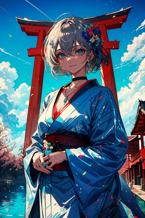 1girl, solo, breasts, looking at viewer, smile, short hair, bangs, blue eyes, GREY hair, hair ornament, cleavage, hair between eyes, jewelry, medium breasts, closed mouth, flower, outdoors, japanese clothes, sky, choker, day, cloud, hair flower, kimono, water, necklace, blue sky, bird, ring, Torii,