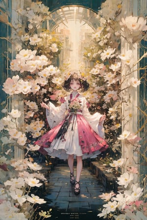 a noble little girl wearing a pink dress and a daisy tiptoes towards a boy with curly hair, reaching out a delicate rose in a thornless stem, standing on cobblestone pavement, under a cloudless sky, with a row of blooming cherry blossom trees in the background, captured with a Canon EOS 5D Mark IV camera, 50mm lens, medium shot focusing on the girl’s tender gesture, in a style reminiscent of a romantic oil painting by Thomas Kinkade. ,midjourney,Anitoon2,Circle